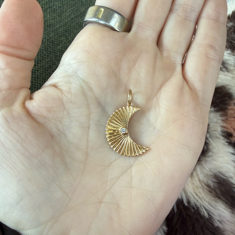 14k Gold Fluted Crescent Moon Pendant with Diamond - Picture 2 of 5